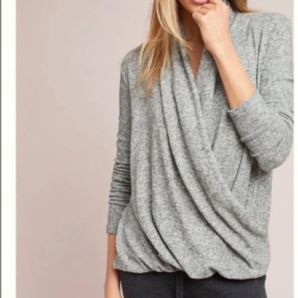 ANTHROPOLOGIE Pure + Good Olive Heathered Faux Wrap Top Sz M